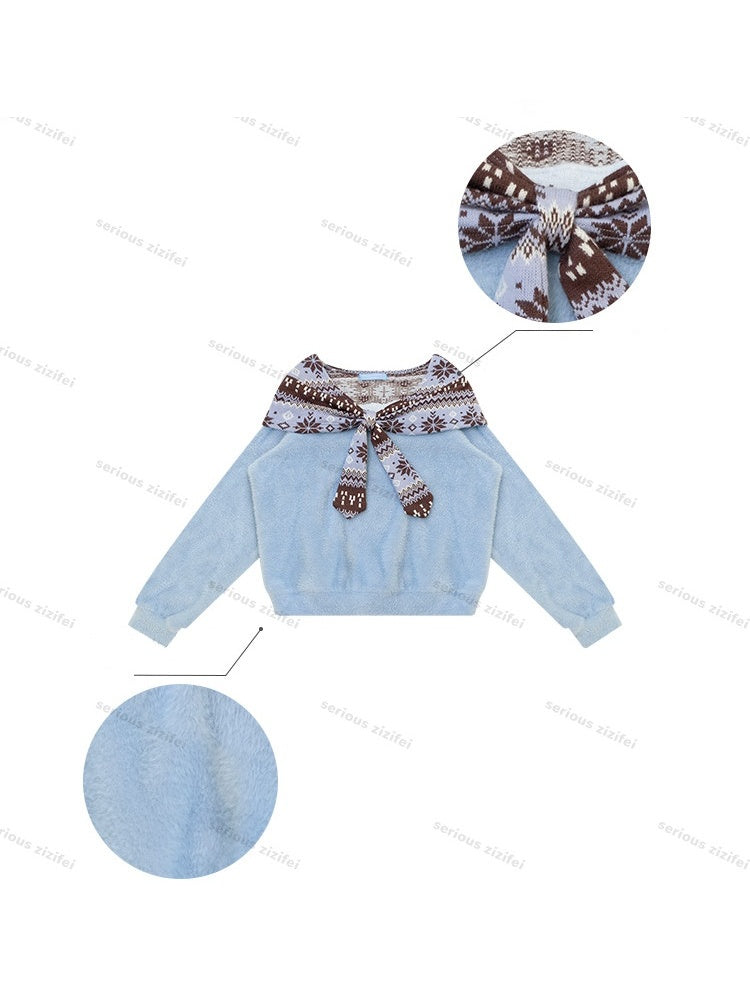 Fair Isle Shawl Bow Slimming Blue Warm Soft Sweater【s0000018804】