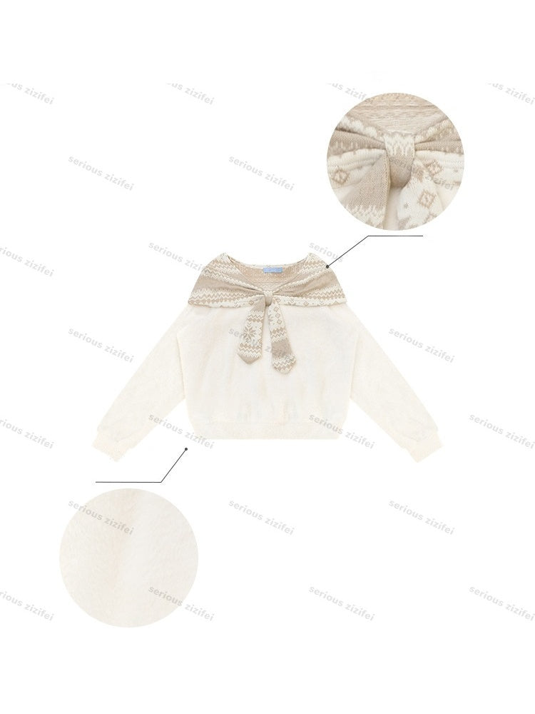 Fair Isle Shawl Bow Slimming Apricot Warm Soft Sweater【s0000018805】