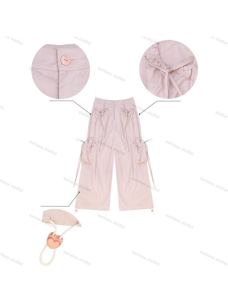 Multi-Pocket Bow High-Waisted Light Pink Loose Wide Straight-Leg Pants【s0000018806】