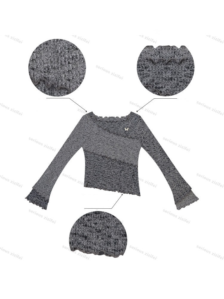Flared Sleeves Mellow Dark Gray Slimming Knit Top【s0000018917】