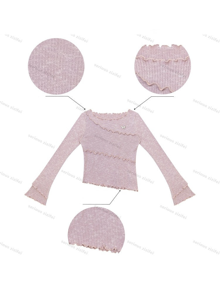 Flared Sleeves Mellow Pink Slimming Knit Top【s0000018918】