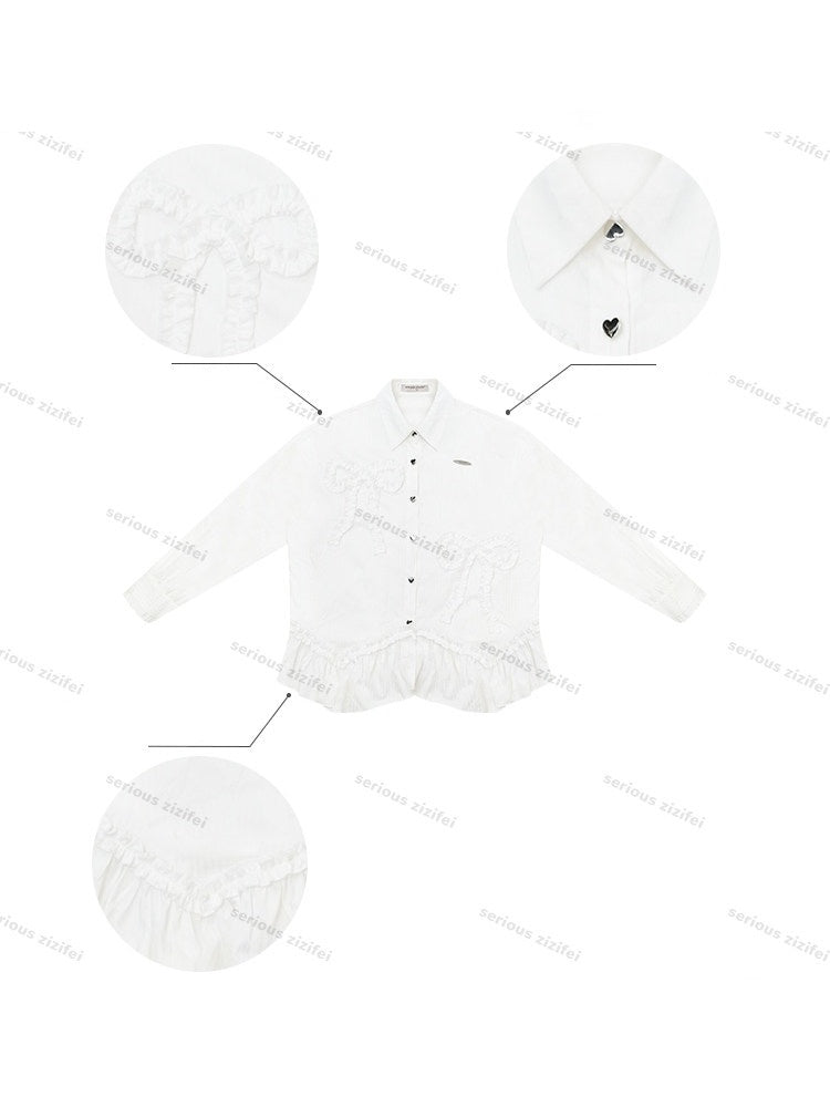 Lace Hem Bow Slimming White Shirts【s0000018922】