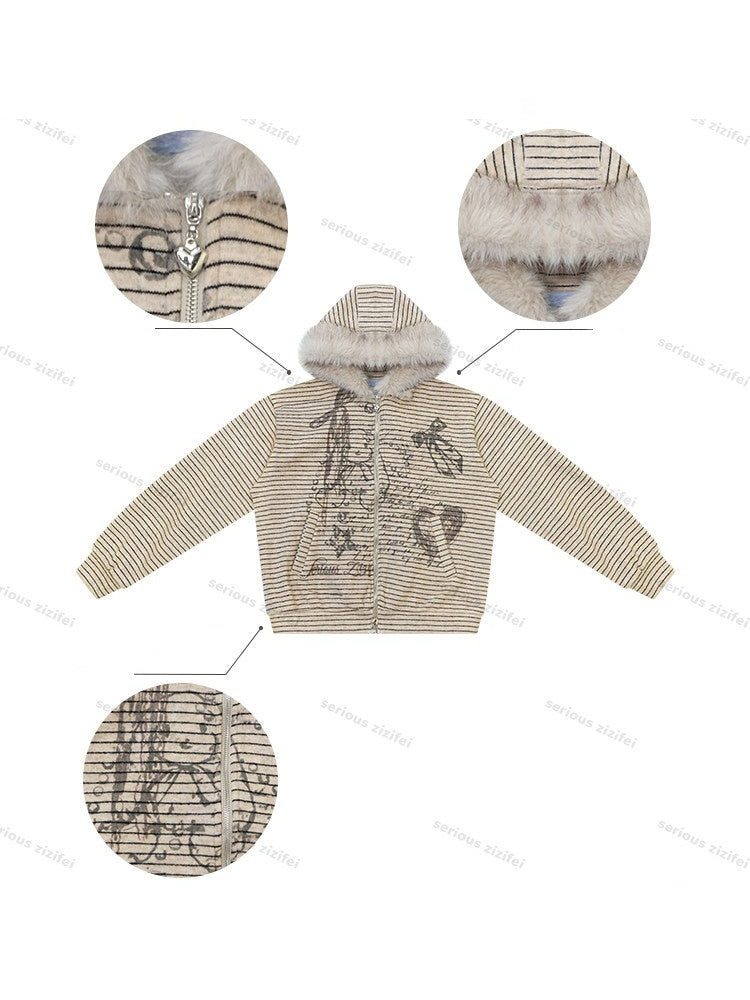 Fur Collar Hooded Striped Graffiti Zipper Khaki Sweatshirt【s0000018923】