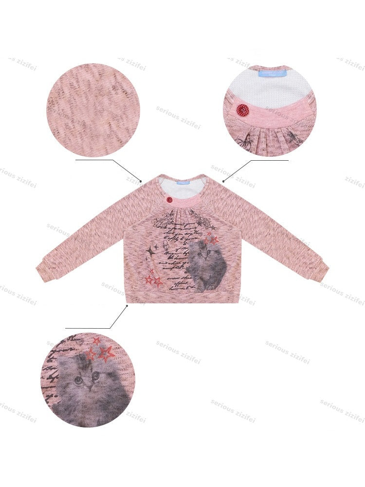 Vintage Distressed Cat Print Pink Lazy Style Sweatshirt【s0000018926】