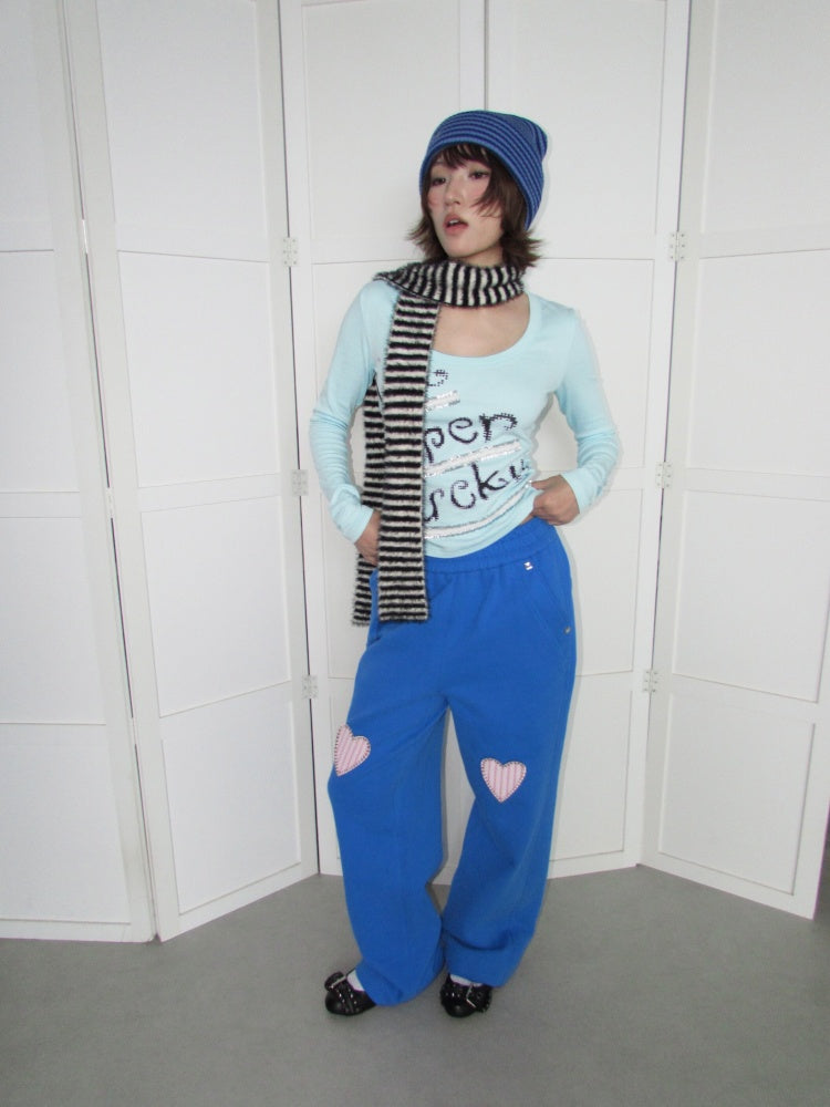 Heavyweight Thickened Terry Loose Wide-Leg Elastic Waistband Applique Heart Sweat Pants【s0000018948】