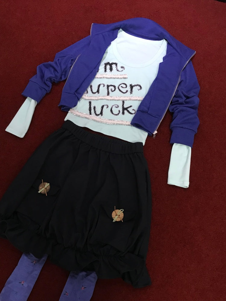 Lucky Slogan Lace Print U-Neck Slimming Thick Long-Sleeve T-Shirt【s0000018952】