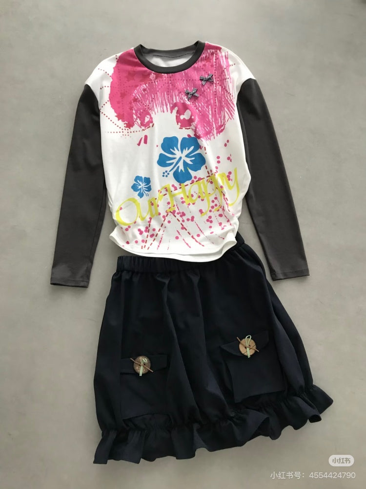 Comic Girl Print Bow Decoration Waist-Cinching Pleated Loose Long-Sleeve Top【s0000018954】