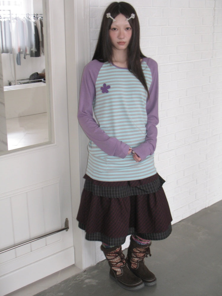 Color-Block Striped Patchwork Raglan-Sleeve Mid-Length Long-Sleeve Top【s0000018956】