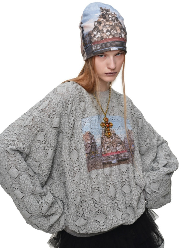 Cat Wanted Print 3D Hollow Lace Crew Neck Loose Pullover Bud Sweatshirt【s0000019019】