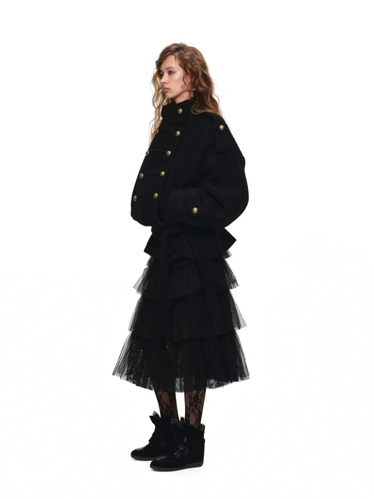 Napoleon Stand Collar Double-Breasted Belt Tweed Woolen Coat【s0000019025】