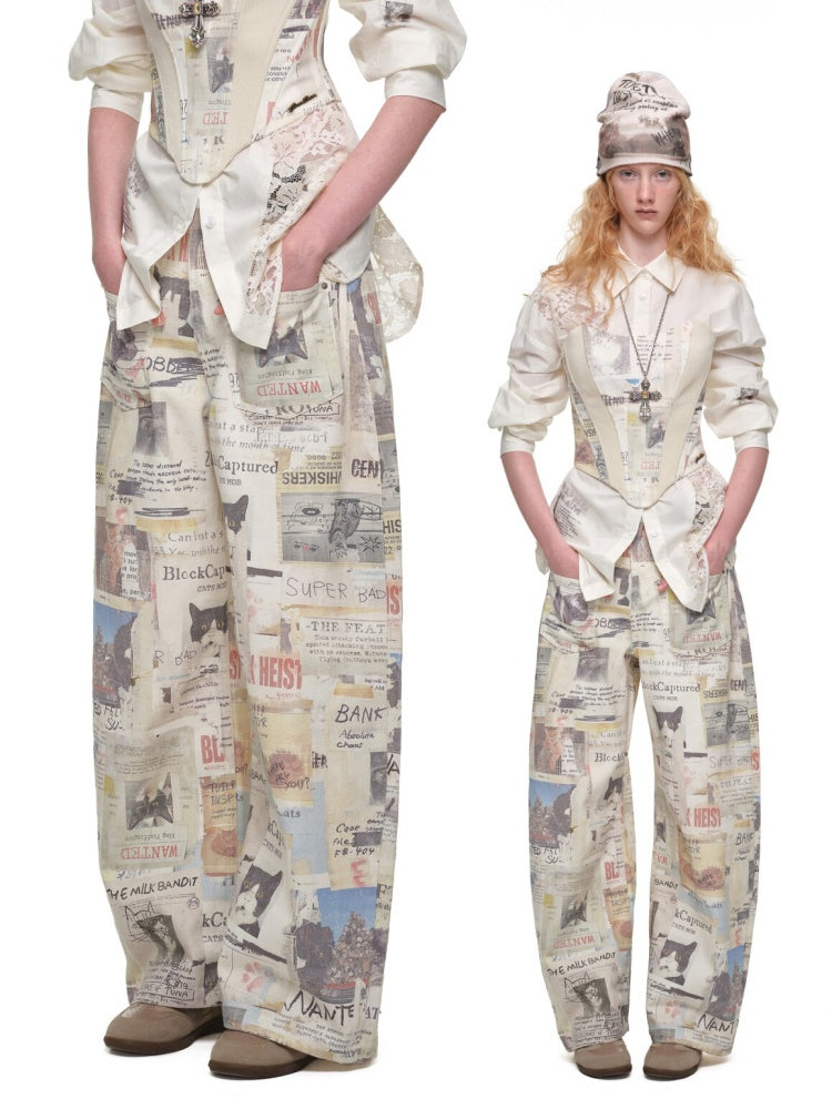 Cat Newspaper Full-Print Cotton Floor-Length Curved Knife Pants【s0000019028】