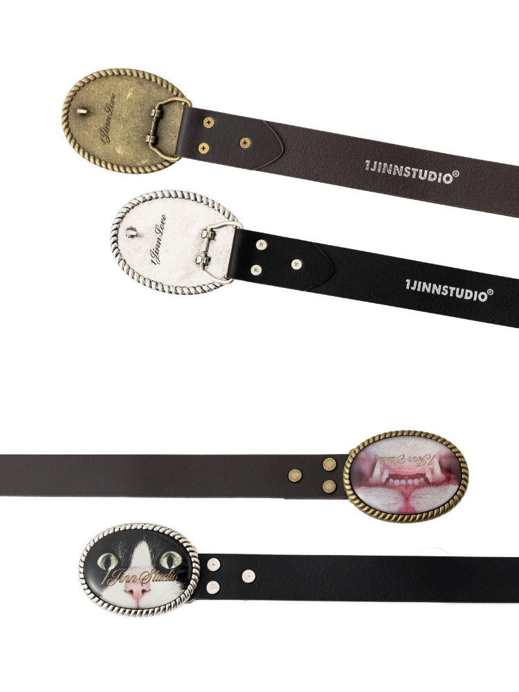 Original Street Vintage Cat Print Adhesive Metal Buckle Belt【s0000019035】