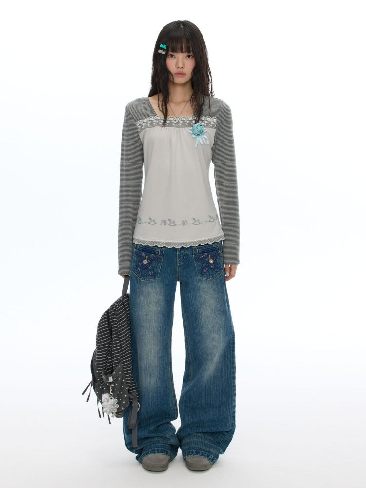 Slimming Casual Star-Shaped Patch Pocket Straight-Leg Slightly Flared Bamboo Jeans【s0000019051】