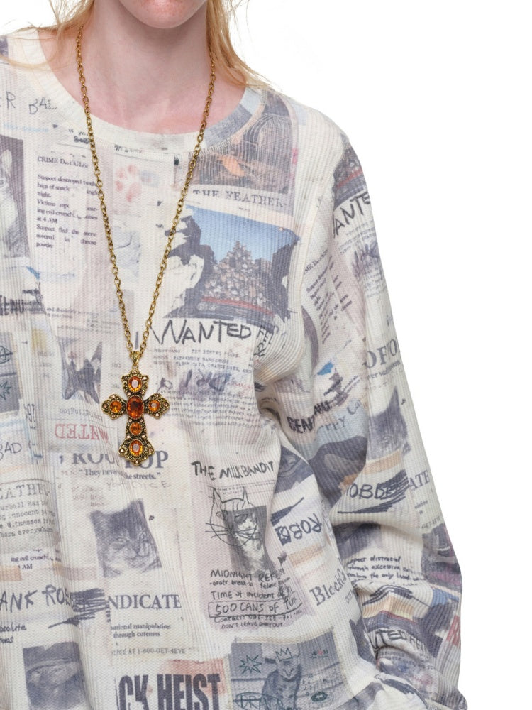 Cat Newspaper Full Print Waffle Ruffle Hem Long Sleeve Dress【s0000019020】