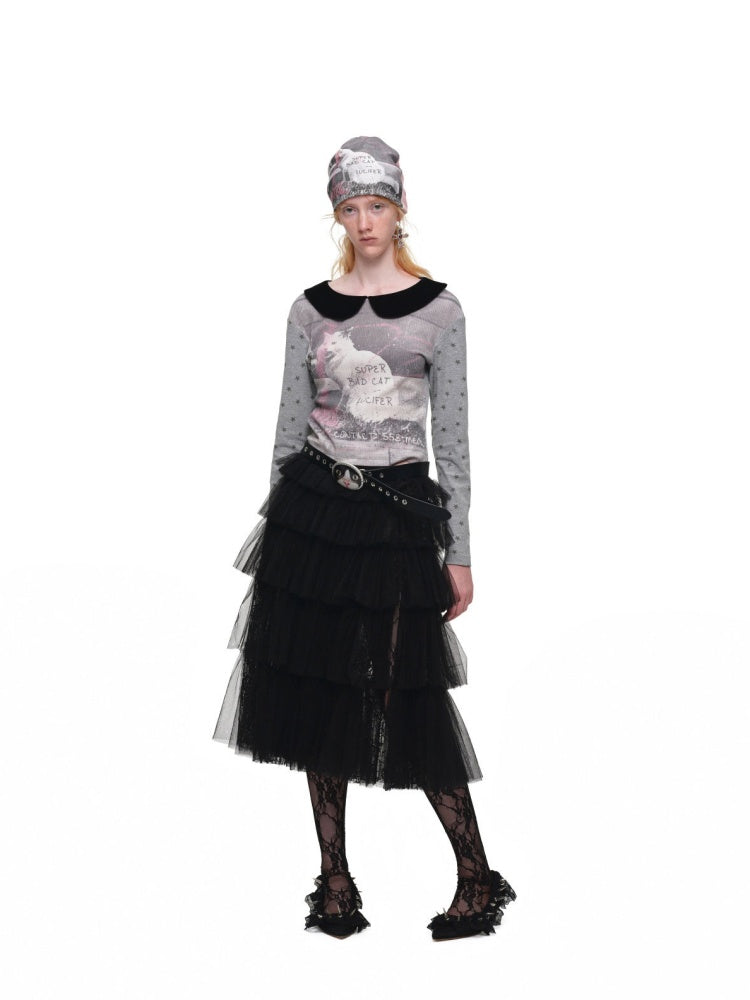 Cat Print Color-Block Waffle Doll Collar Slim Long-Sleeve T-Shirt【s0000019021】