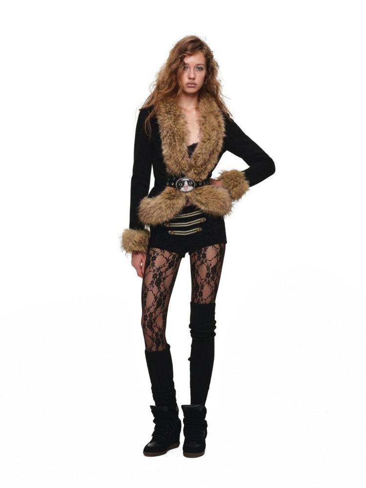 Vintage Leather Belt Slim Large Fur Collar Short Coat【s0000019023】