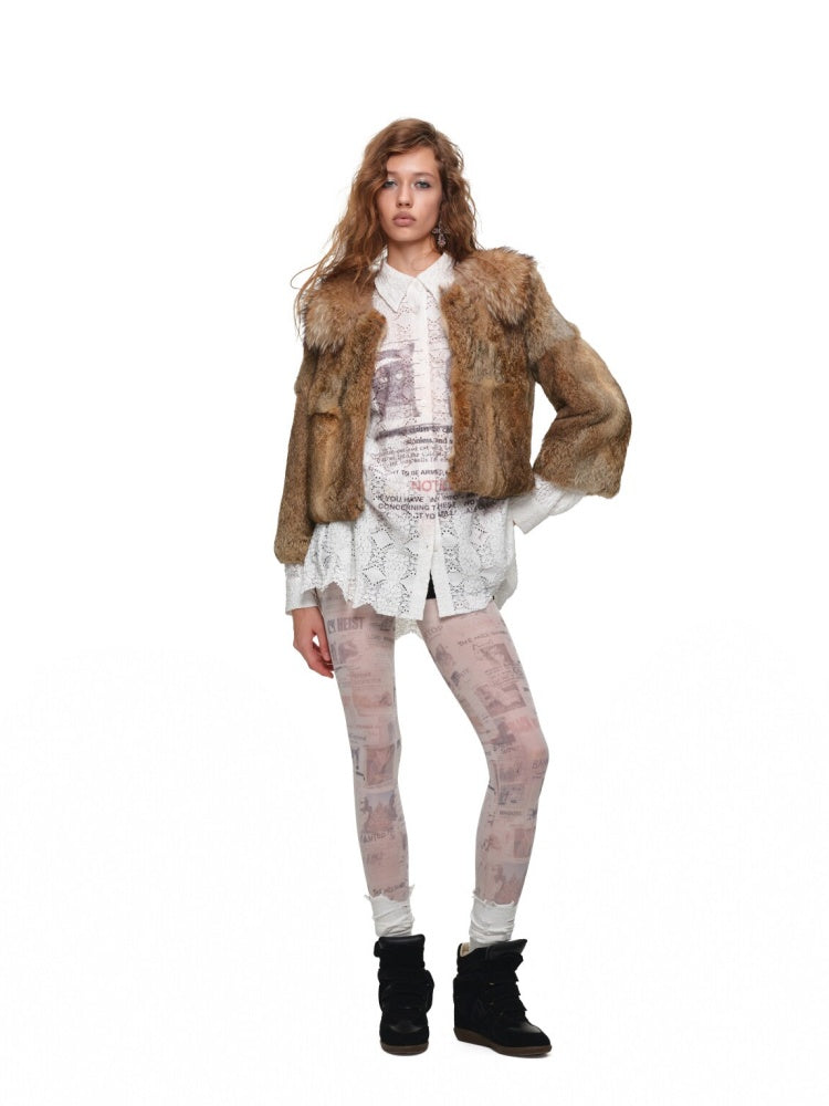 Rabbit Hair Patchwork Raccoon Fur Collar 8/4 Sleeve Short Jacket【s0000019024】