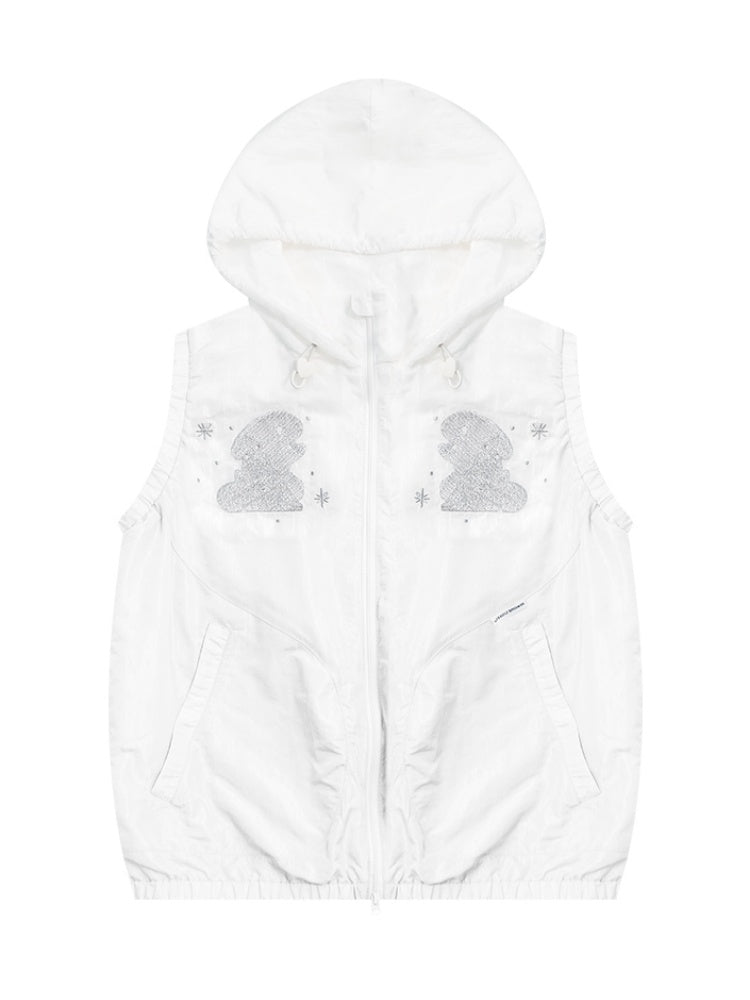 Rabbit Embroidery Sports Style Double-Zip Hooded Vest【s0000011913】