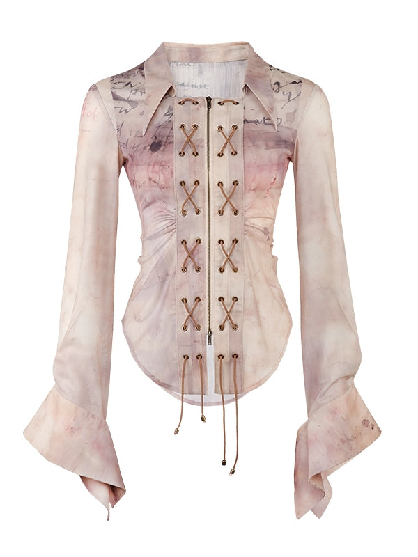 Lace-Up Tie-Dye Retro Slim Blouse【s0000004013】