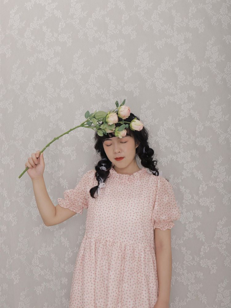 Floral Jacquard Fungus Collar Puff Sleeve Dress【s0000001587】