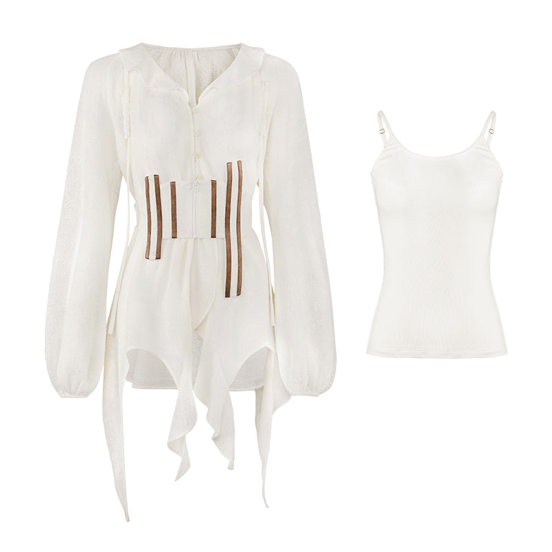 Sheer Asymmetry Back-Ribbon Natural Tops & Camisole【s0000004010】