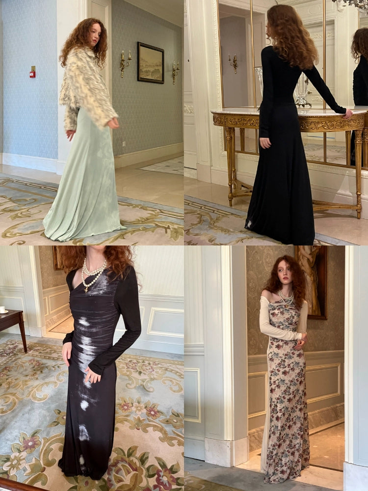 Printed High Stretch Mesh Pleated Dress【s0000003986】