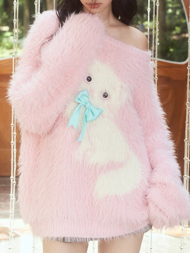 Round Neck Cat Bow Fluffy Sweater【s0000003988】