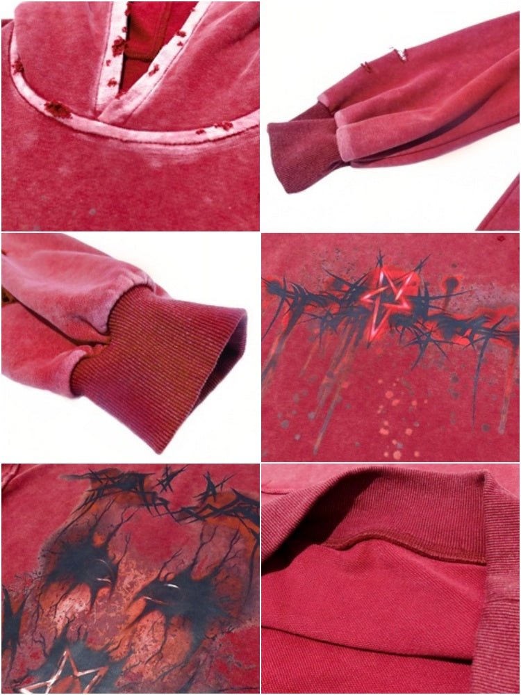 Devil Rust Red Print Washed & Worn Loose Long Sleeve Hoodie【s0000000766】 - SCULTURE(エスカルチャー)