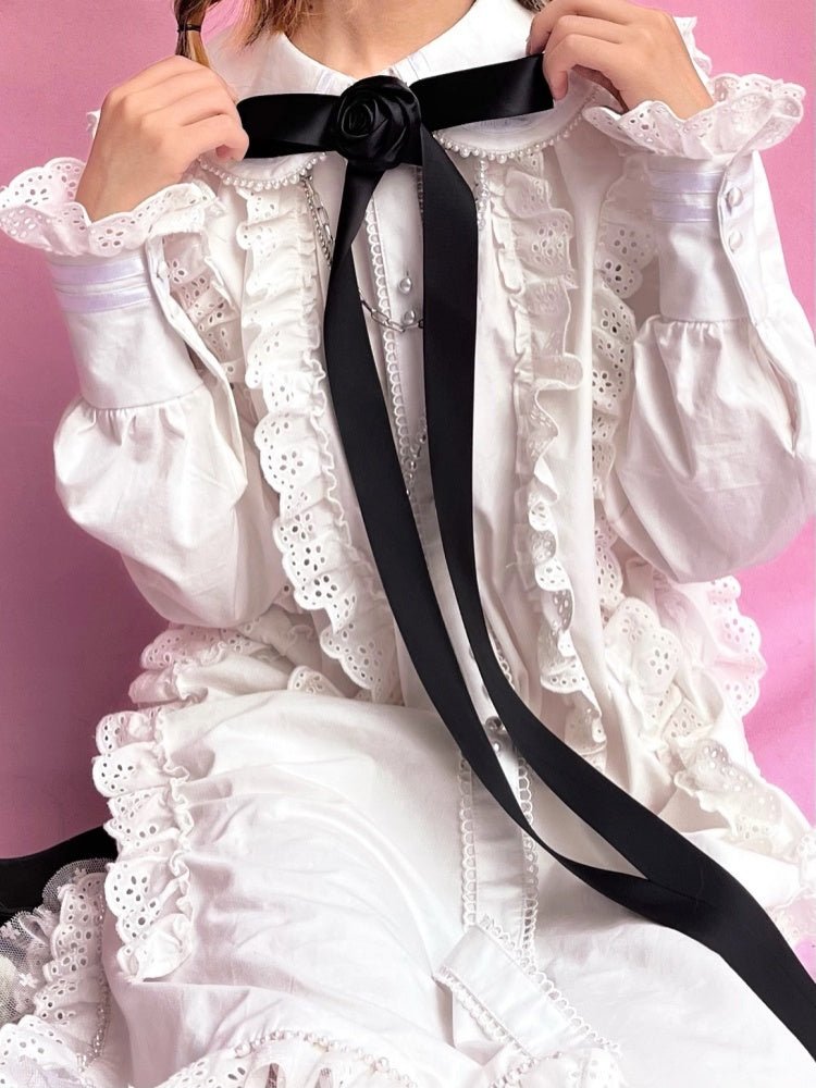 Retro Long sleeved Loose Frill Lace Shirt Dress【s0000000786】 - SCULTURE(エスカルチャー)