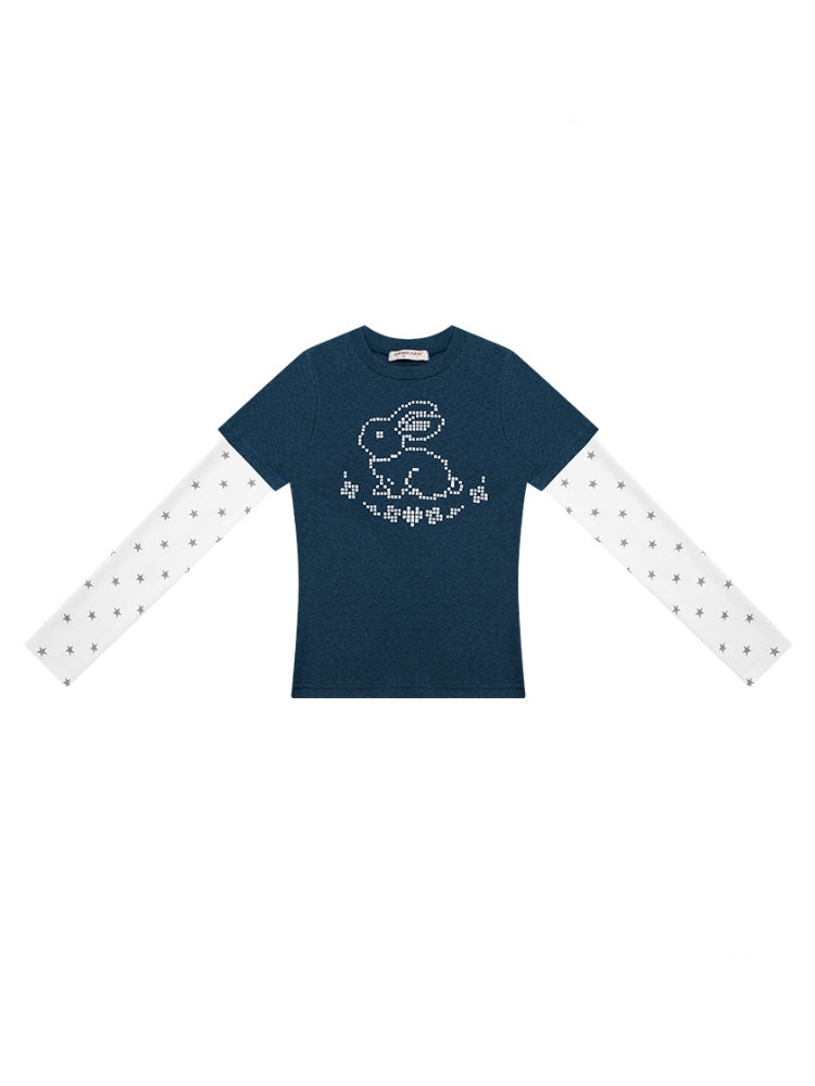 Rabbit & Star Print Fake Layering Long Sleeve T-Shirt【s0000011750】