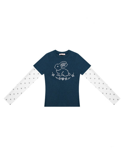 Rabbit & Star Print Fake Layering Long Sleeve T-Shirt【s0000011750】