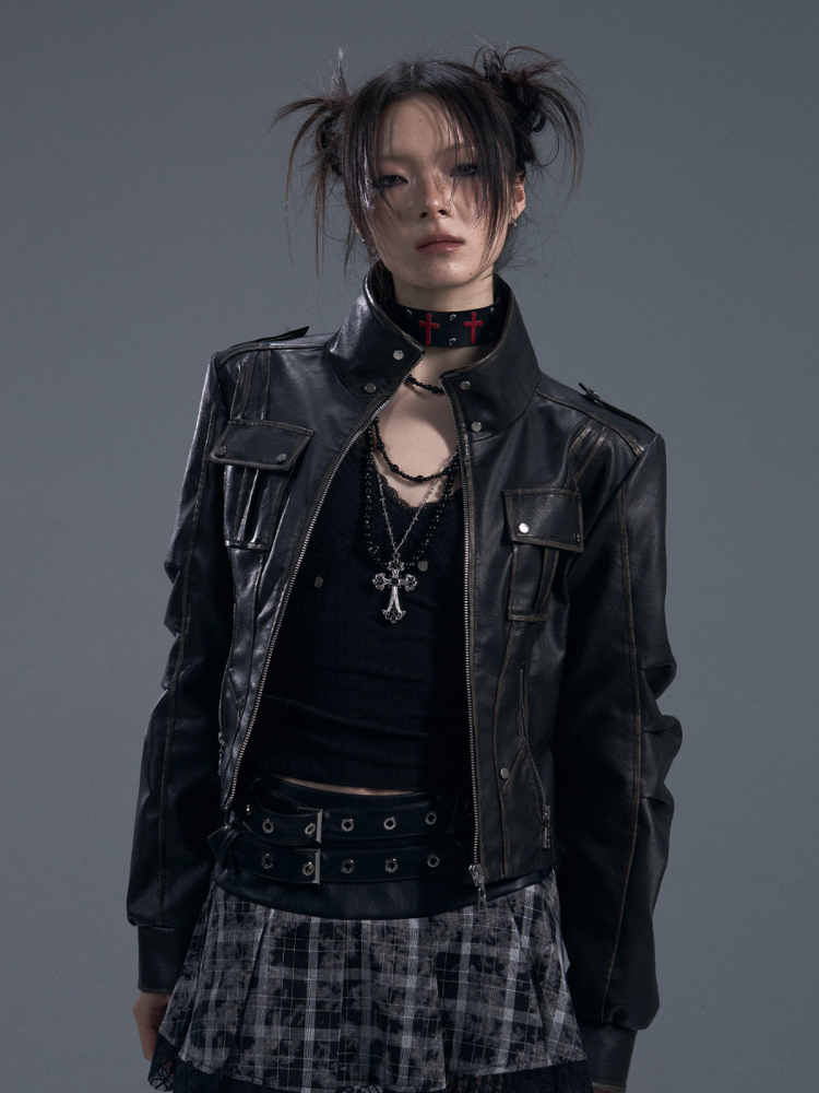 Punk Fake Leather Stand Collar Cropped  Riders Jacket【s0000011877】