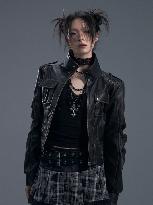 Punk Fake Leather Stand Collar Cropped  Riders Jacket【s0000011877】