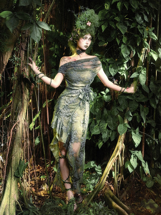 Forest Spirit Tree Elf Off-Shoulder Chiffon Dress【s0000011773】