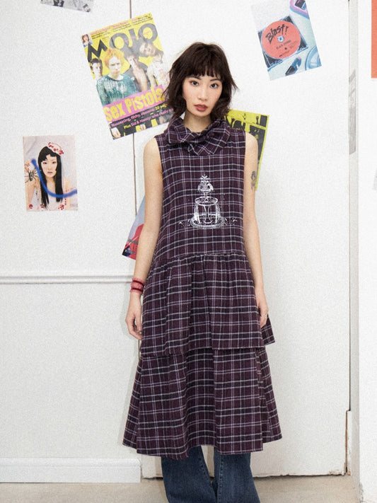 Plaid Embroidery Sleeveless Tiered Long Dress【s0000011898】