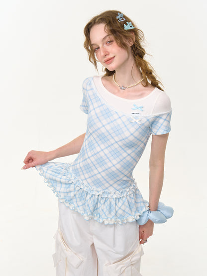 Ruffle Hem Faux Two Piece Bow Plaid Crew Neck Short Sleeve T-Shirt【s0000013004】