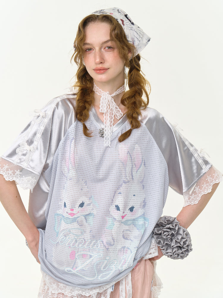 Lace Hem Rabbit Print V-Neck Loose Short Sleeve T-Shirt【s0000013010】