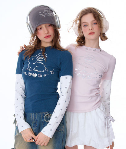 Rabbit & Star Print Fake Layering Long Sleeve T-Shirt【s0000011750】
