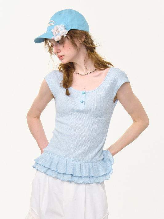 Ruffle Hem Henley Neck French Sleeve T-Shirt 【s0000013006】