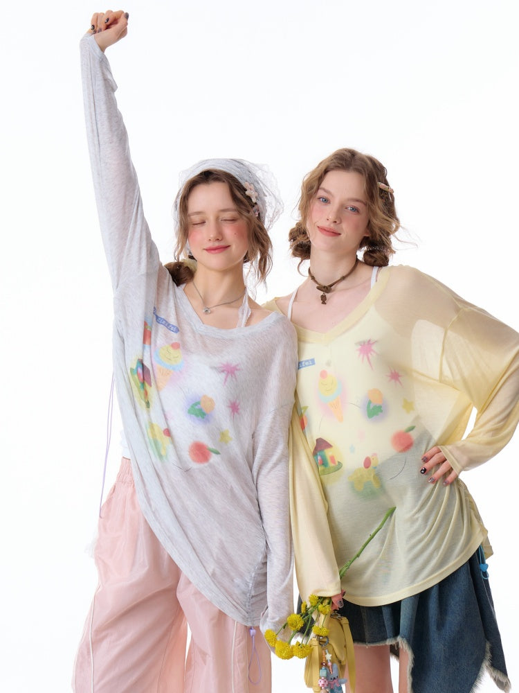 Drawstring Print Semi Sheer Loose V-Neck Long Sleeved T-Shirt【s0000011751】