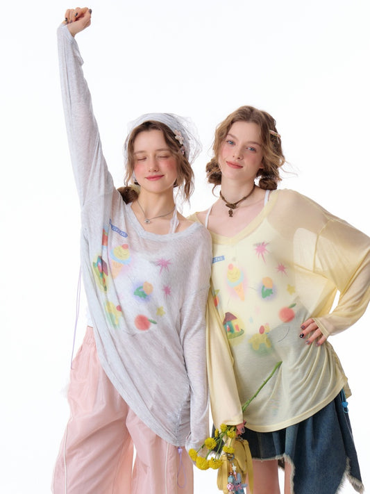 Drawstring Print Semi Sheer Loose V-Neck Long Sleeved T-Shirt【s0000011751】