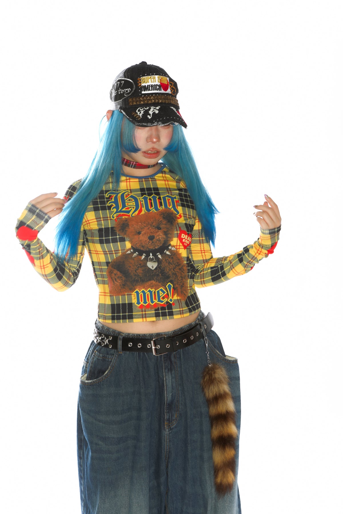 Teddy Bear Graphic Check Long Sleeve Cropped T-Shirt【s0000011777】