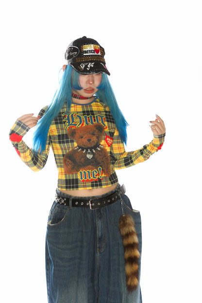 Teddy Bear Graphic Check Long Sleeve Cropped T-Shirt【s0000011777】