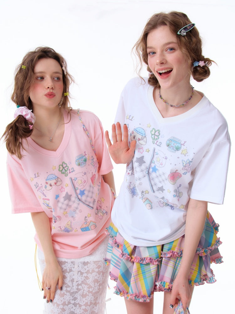 Cartoon Print Pattern V-Neck Short Sleeve T-Shirt【s0000011914】