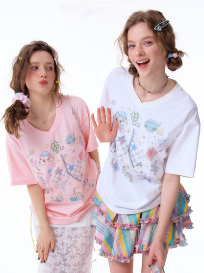 Cartoon Print Pattern V-Neck Short Sleeve T-Shirt【s0000011914】