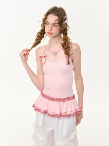 Ruffle Lace Pleated Hem Bow Camisole【s0000013008】