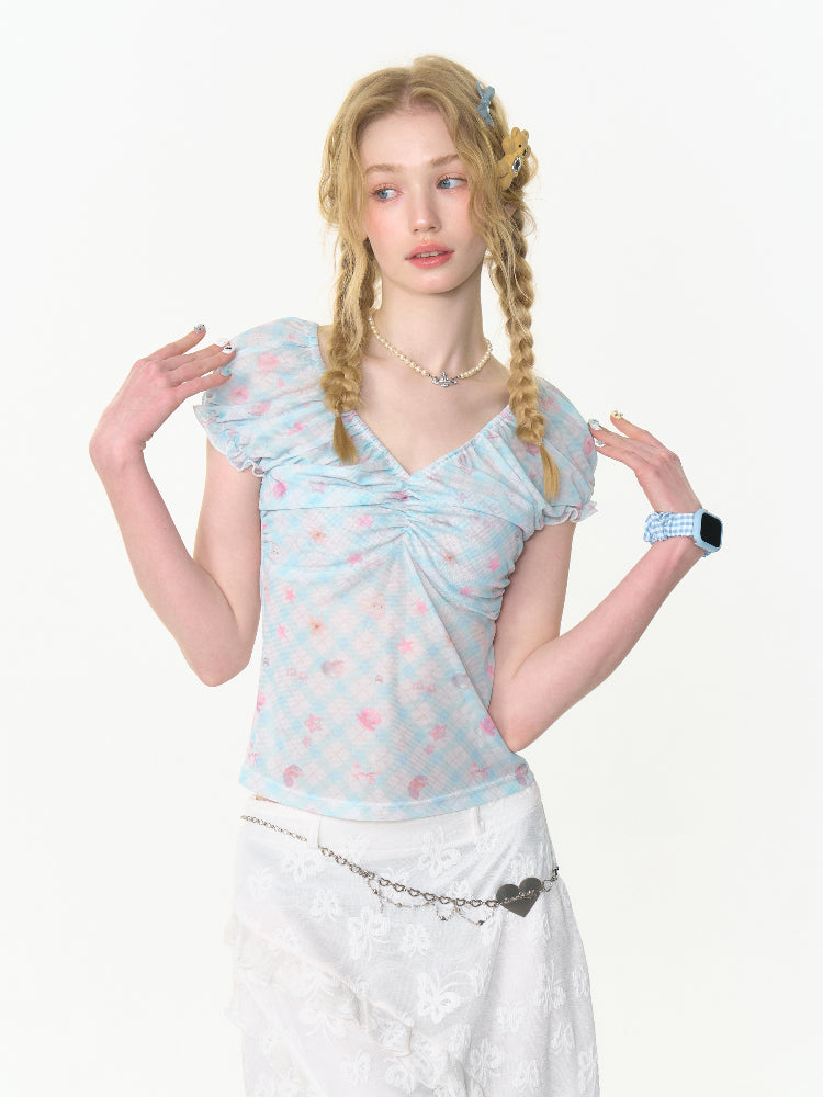 Big Gather V-Neck Plaid Puff Sleeve T-Shirt【s0000013005】