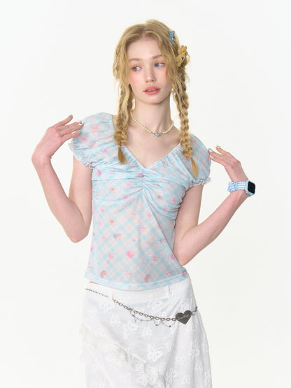 Big Gather V-Neck Plaid Puff Sleeve T-Shirt【s0000013005】