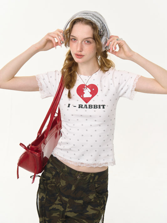 Polka Dot Star Heart Rabbit Print Crew Neck Short Sleeve T-Shirt【s0000013012】