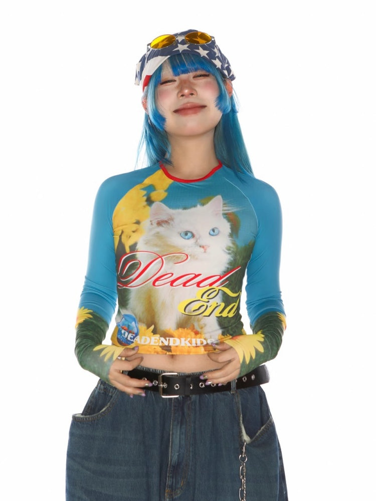 Cat Pattern Graphic Long sleeved Cropped T-Shirt【s0000011788】